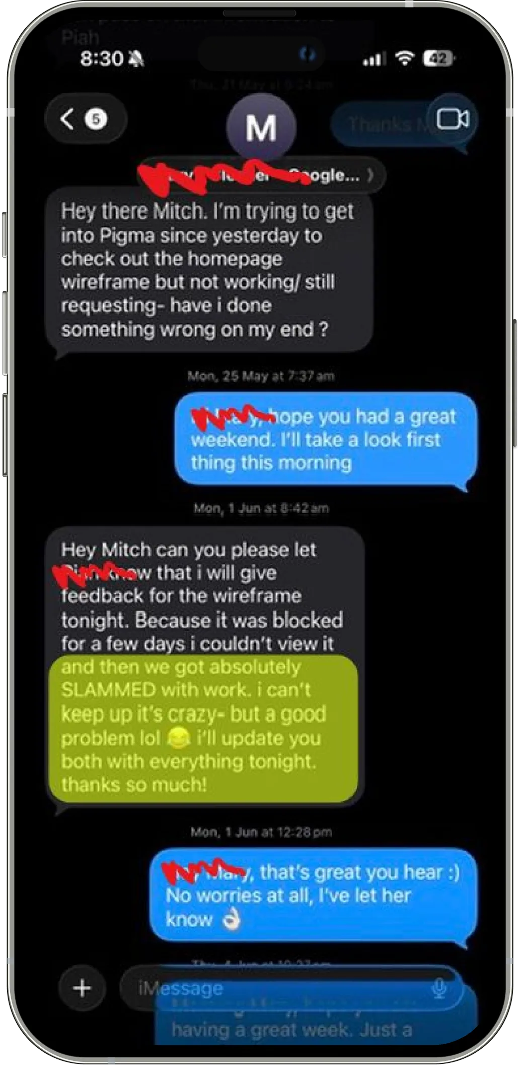 Text message from a client saying they got absolutely slammed with work and can barely keep up - a good problem to have
