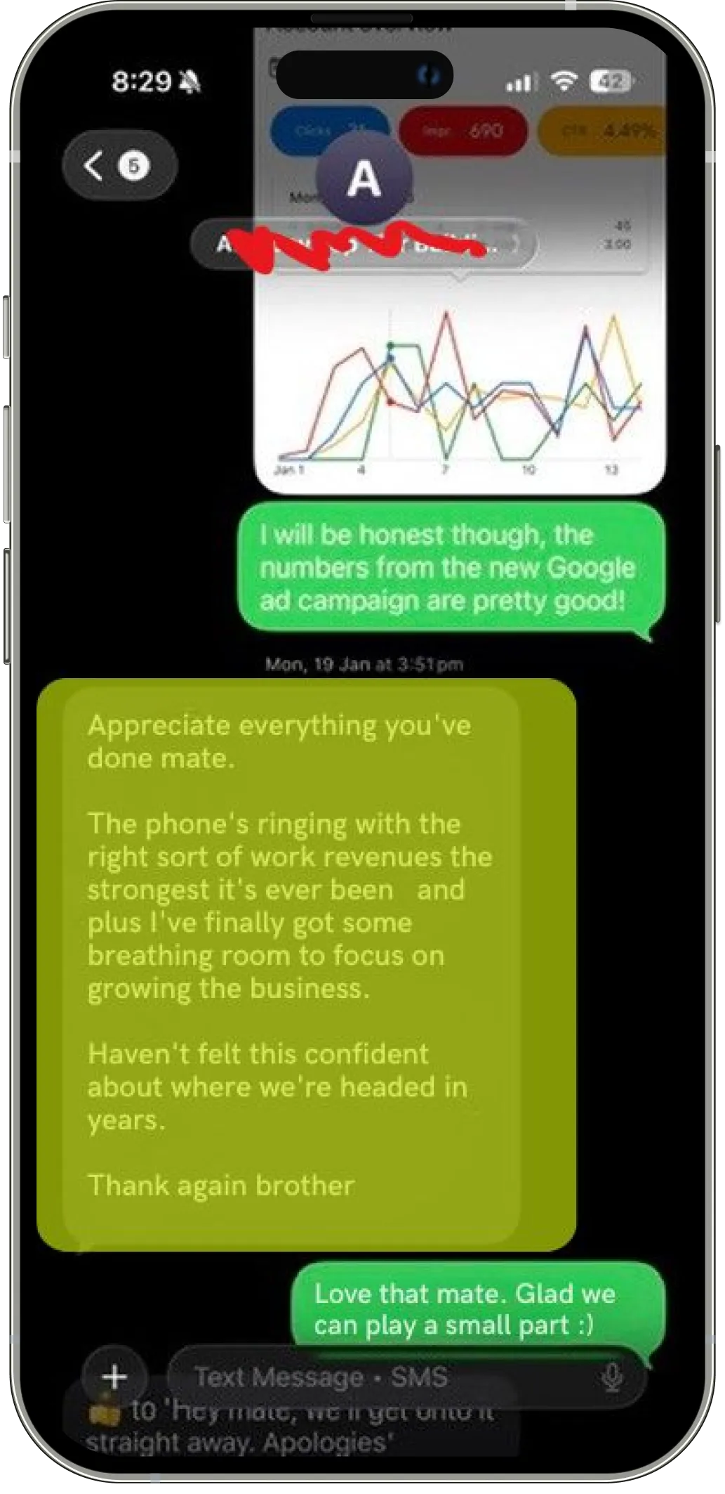 Text message from a client saying the phone is ringing with the right sort of work, revenue is the strongest it has ever been, alongside strong Google Ads campaign results