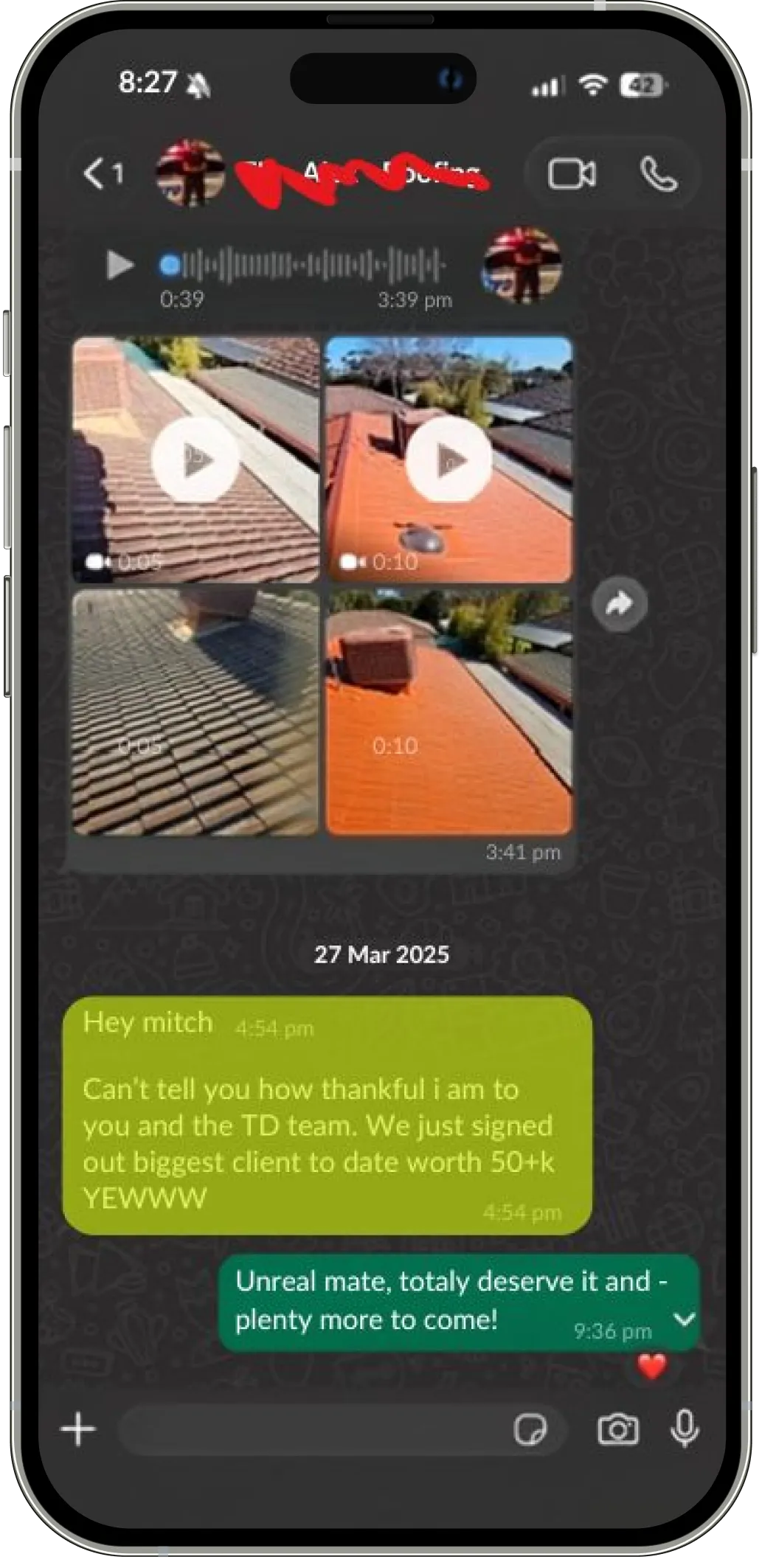 Text message from a roofing client thanking the Trusted Digital team after signing their biggest client to date, worth over $50,000