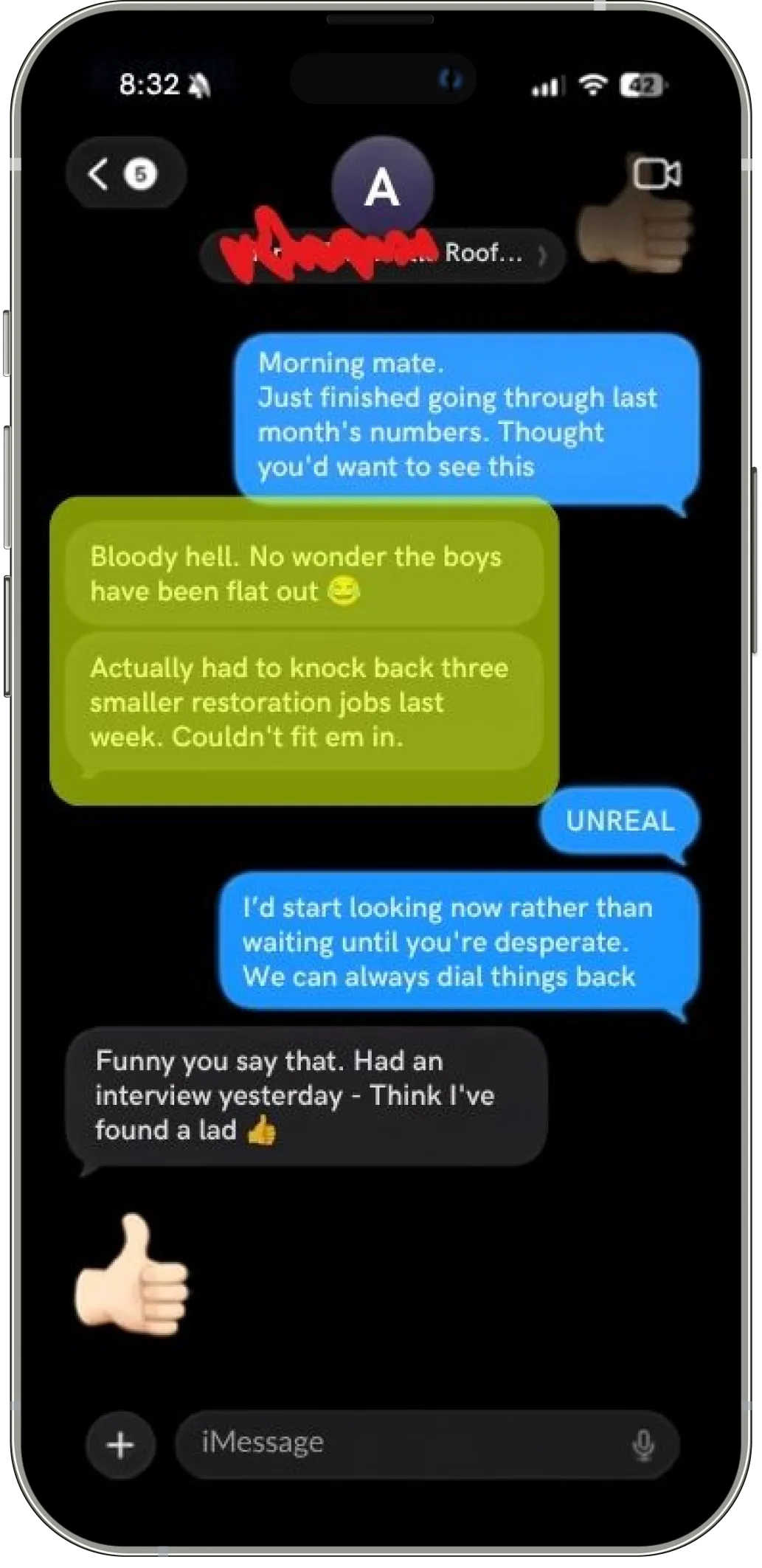 Text message from a roofing client saying the team has been flat out and they had to knock back three restoration jobs because they were fully booked